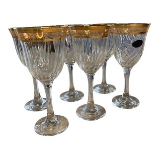 1980s Vintage Gilded Venetian Inspired Stemware Wine Glasses- Set of 6 For Sale