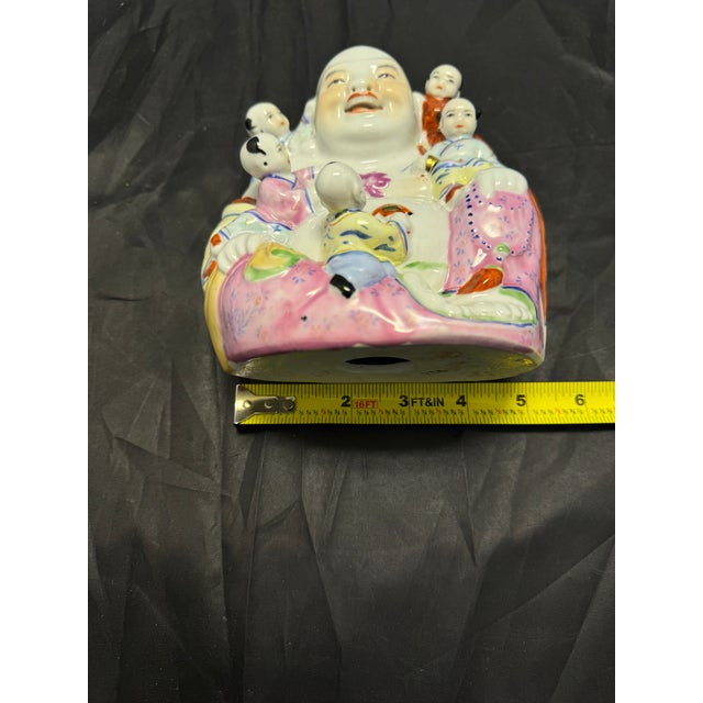White Chinese Republic Famille Rose Porcelain Laughing Buddha 5 Children 6.5” Vintage For Sale - Image 8 of 9