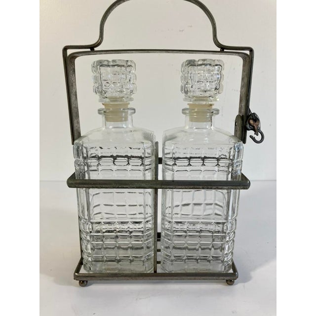 Transparent Early 20th Century Antique Tantalus Decanter Set With Locking Mechanism – Cut Glass & Metal Frame- 3 Pieces For Sale - Image 8 of 8