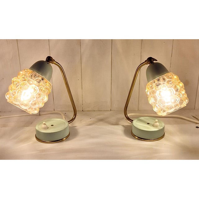 Mid-Century Bedside Lamps with Blue-Green Lacquered Metal Frames, Brass Archs and Amber Bubble Glass Shades, 1960s, Set of 2 For Sale - Image 12 of 12