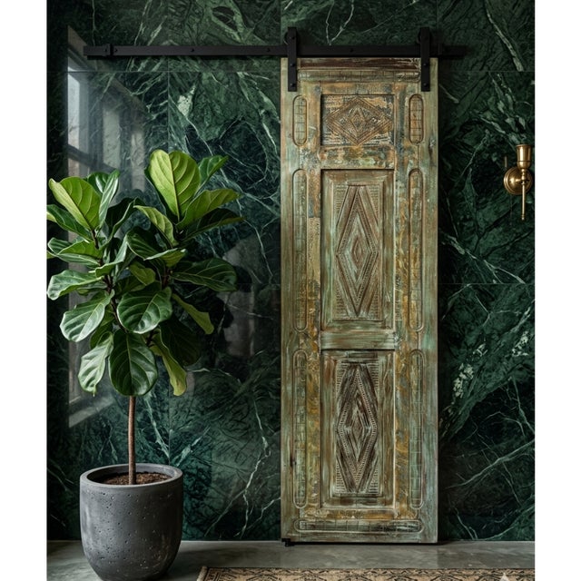 Green Antique Green Floral Carved Door | Handcrafted Indian Sliding Closet Barn Door 96x29.5 For Sale - Image 8 of 8