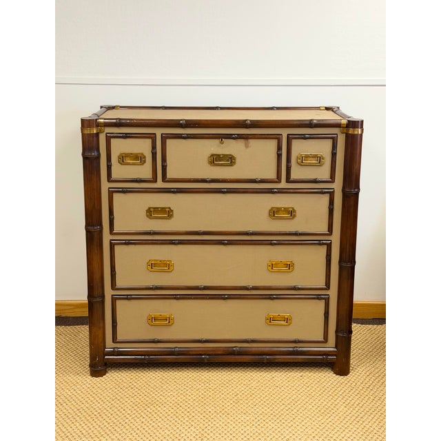 1990s 1992 Rare Ralph Lauren Cameron Canvas Faux Bamboo Brass Campaign Chest of Drawer For Sale - Image 5 of 12