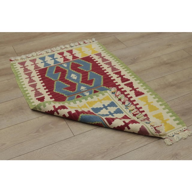 White 1960s Turkish Geometric Red and Blue Hand Knotted Kilim Rug For Sale - Image 8 of 13