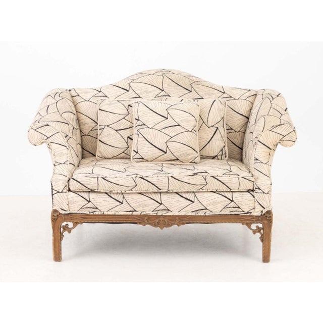 Chinese Chippendale Style Geometric Leaf Upholstered Settee, on walnut legs with three cushions. 34" H x 43" W x 32" D;...