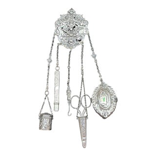 Victorian Jewelry Chatelaine With Five Notions/Accessories Hallmarked English Sterling For Sale