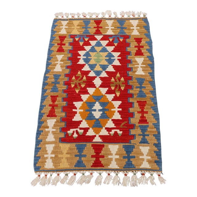 1970s Southwestern Style Geometric Design Handmade Red Oushak Accent Kilim Rug For Sale