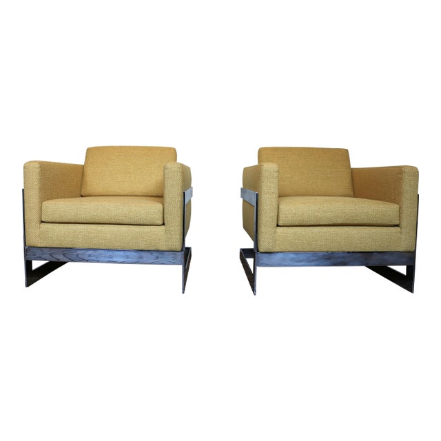 Mid-Century Pair of T-Back “Floating Cube” Lounge Chairs Milo Baughman Style — Circa 1970s For Sale