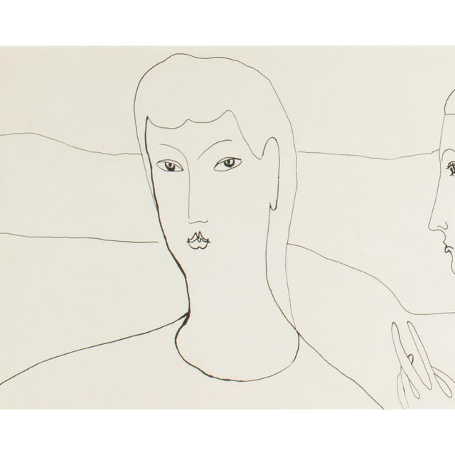 A 1960 ink drawing of two figures by the American artist Harry Hilson (1935-2004). This drawing features two stylized...