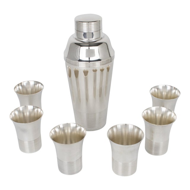 Art Deco Silver Plate Cocktail Shaker and Six Barware Glasses For Sale