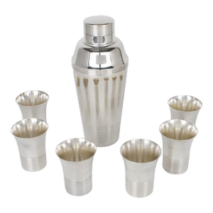 Art Deco Silver Plate Cocktail Shaker and Six Barware Glasses