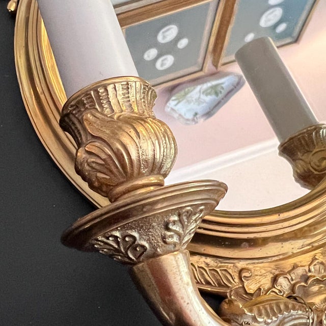 Metal Stunning vintage Baker Knapp and Tubbs gilt brass two-bulb wall sconce // French-style wall light with mirrored back // Floral wall sconce For Sale - Image 7 of 10