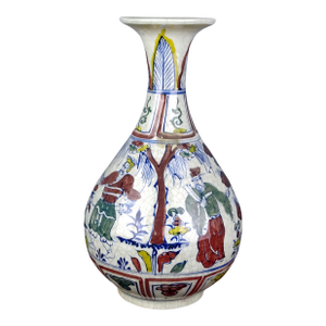 Chinese Vintage Ceramic Vase,Blue and White Famille Verte Porcelain Yuhuchun Vase Painted Figures Pattern