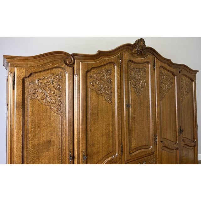 Wood Vintage French Louis XVI Five Door Oak Carved Armoire For Sale - Image 7 of 14