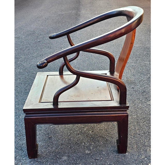 Wood Early 20th Century Pair of Ming Style Rosewood Horse Shoe Lounge Chairs For Sale - Image 7 of 13