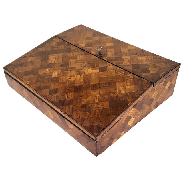 Chinoiserie Antique English 19th C Parquetry Inlaid & Ebonized Chinoiserie Leather Lap Desk For Sale - Image 3 of 18
