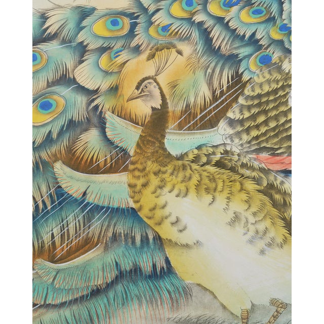 20th C. Chinese Export Pair of Peacocks and Flowers Painting For Sale - Image 10 of 18