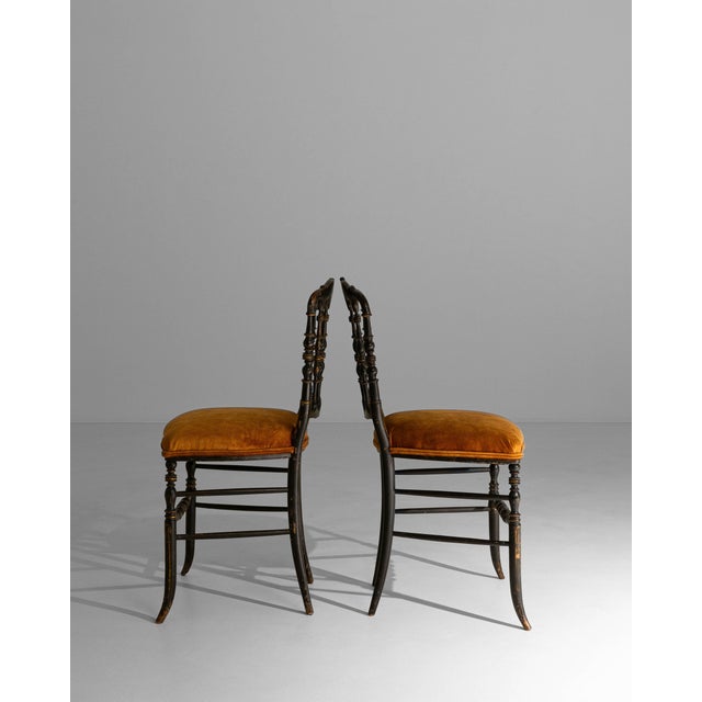 Late 19th Century 1880s French Napoleon III Chiavari Chairs In Ebonized Wood & Upholstery - A Pair For Sale - Image 5 of 18