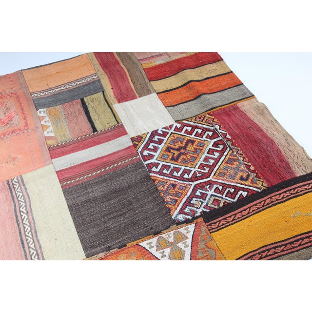 Yellow Mid 20th Century Multicolor Tribal Kilim Patchwork – A Statement Piece for Bohemian Interiors For Sale - Image 8 of 10