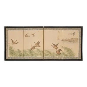 Vintage "Landscape With Geese" Small Chinese Painted Silk Screen, Circa 1950s
