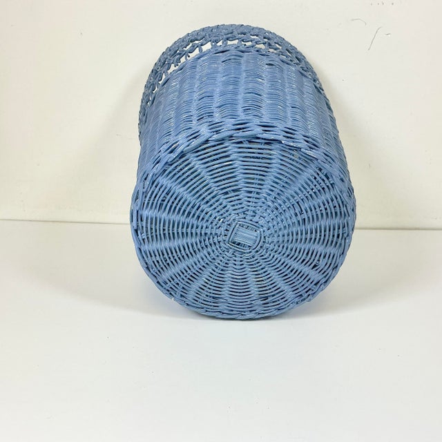 Mid-Century Boho Chic Coastal French Blue Wicker Wastebasket. For Sale - Image 10 of 11