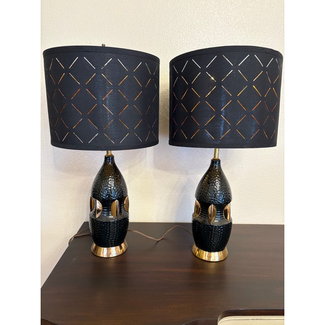 1950s 1950's Atomic Black and Gold Ceramic Lamps - A Pair For Sale - Image 5 of 5