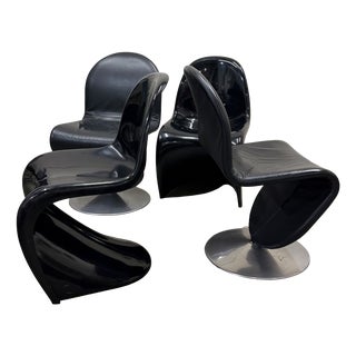Model 1-2-3 Side Chairs and Panton Chairs in Black Leather by Verner Panton for Fritz Hansen & Fehlbaum, 1970s, Set of 4 For Sale