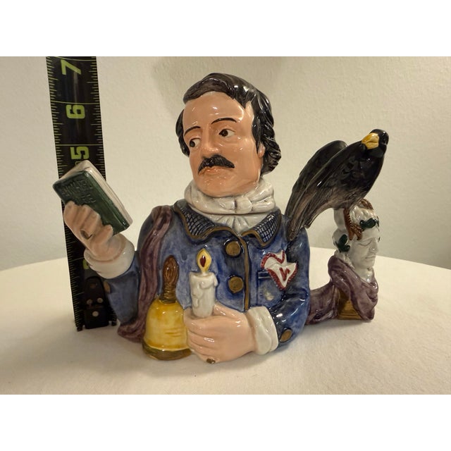 Blue 1990s Fitz and Floyd Edgar Allan Poe Character Jug With Raven – Literary Figural Pitcher For Sale - Image 8 of 9