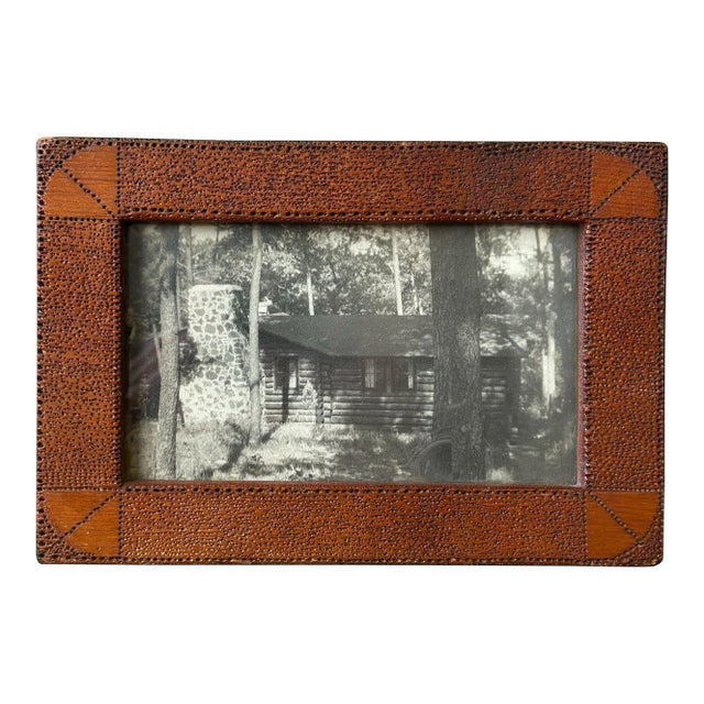 Vintage Photograph of Log Cabin in Original Folk Art Frame, Circa 1940s For Sale