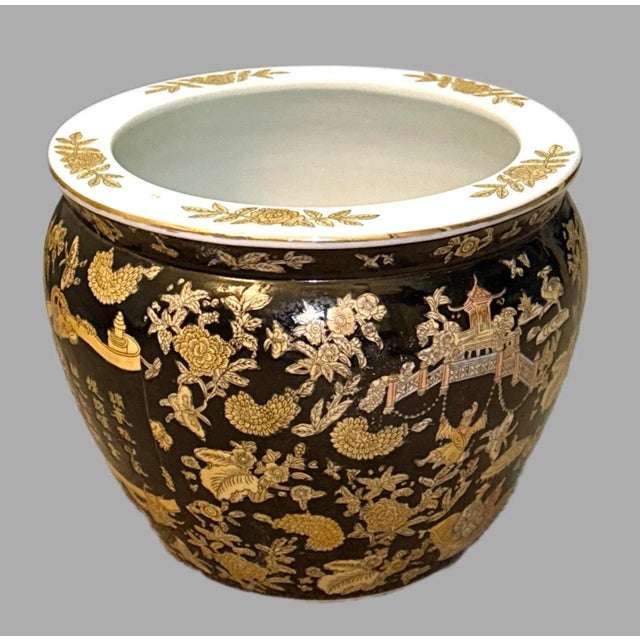 Mid 20th Century Hand Painted Black and Gold Chinese Fishbowl Planter - 12" Wide For Sale In New York - Image 6 of 12