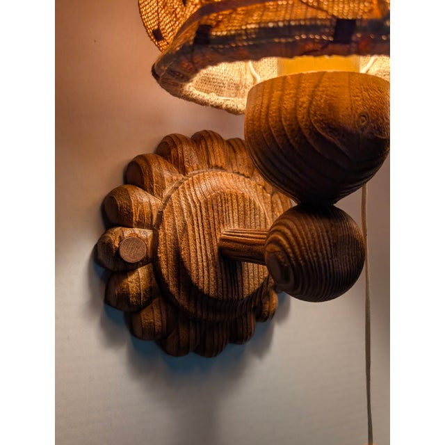 Swedish Carved Pine Wall Sconces with Jute Shades, 1970s, Set of 2 For Sale - Image 4 of 16