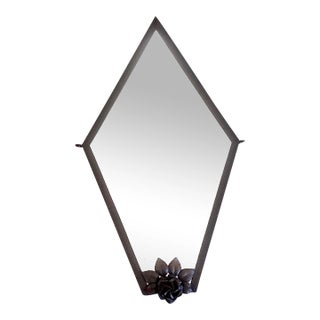 Early 1900s French Wrought Iron Beveled Wall Mirror With Rose and Hammered Decorative Marks For Sale