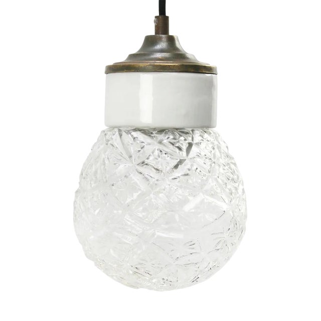 Vintage Industrial White Porcelain, Clear Glass & Brass Pendant Light For Sale