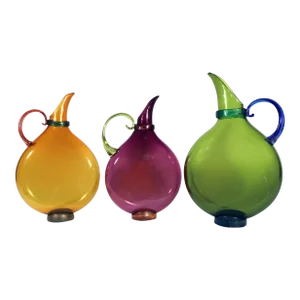 Art Glass Hand Blown Flat Transparent Glass Pitchers, Set of Three.