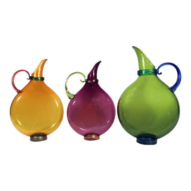 Michael Schunke Nine Iron Studios Hand-Blown Flat Art Glass Pitchers - Set of 3 For Sale