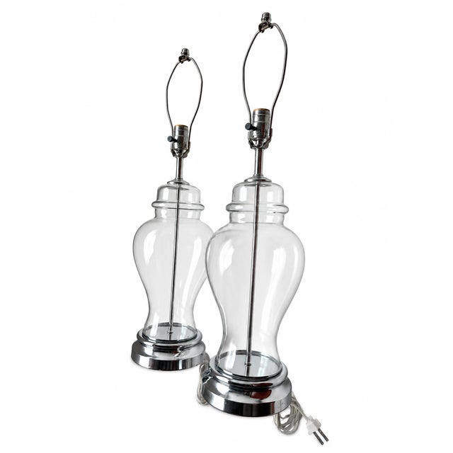 Late 20th Century Clear Glass Baluster Table Lamps With Chrome-Tone Bases - Pair For Sale - Image 13 of 14