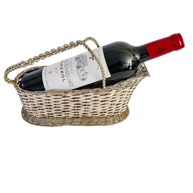 Vintage Woven Silver-Plated Wire Wine Bottle Basket Caddy & Sommelier Basket For Sale - Image 12 of 14
