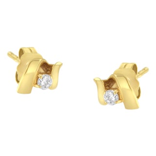10K Yellow Gold 1/10 Cttw Round Brilliant-Cut Diamond Espira Swirls Solitaire Push Back Stud Earrings, A Pair For Sale