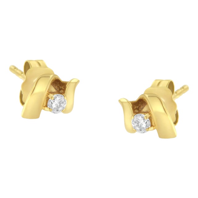 10K Yellow Gold 1/10 Cttw Round Brilliant-Cut Diamond Espira Swirls Solitaire Push Back Stud Earrings, A Pair For Sale