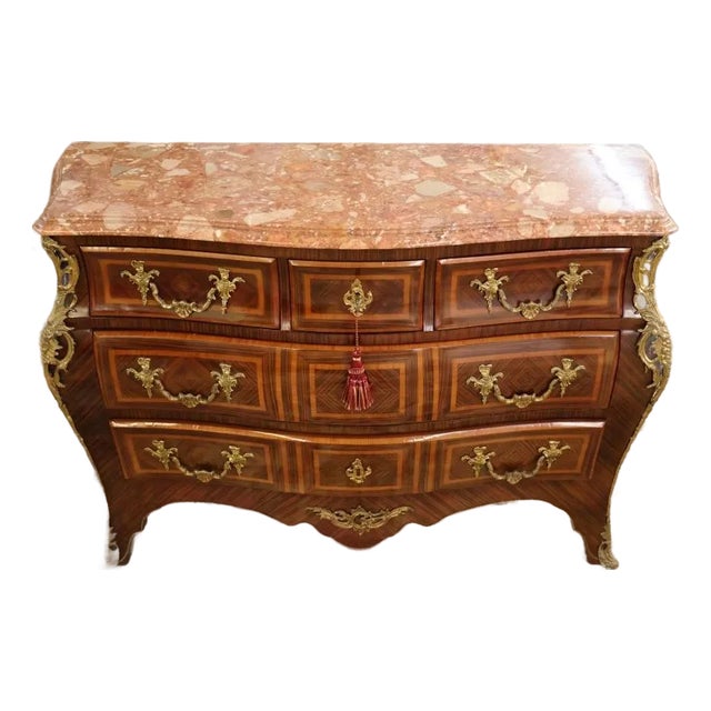 Late 20th Century Italian Louis XV Style Rosewood Marble Top Chest of Drawers Dresser Commode For Sale