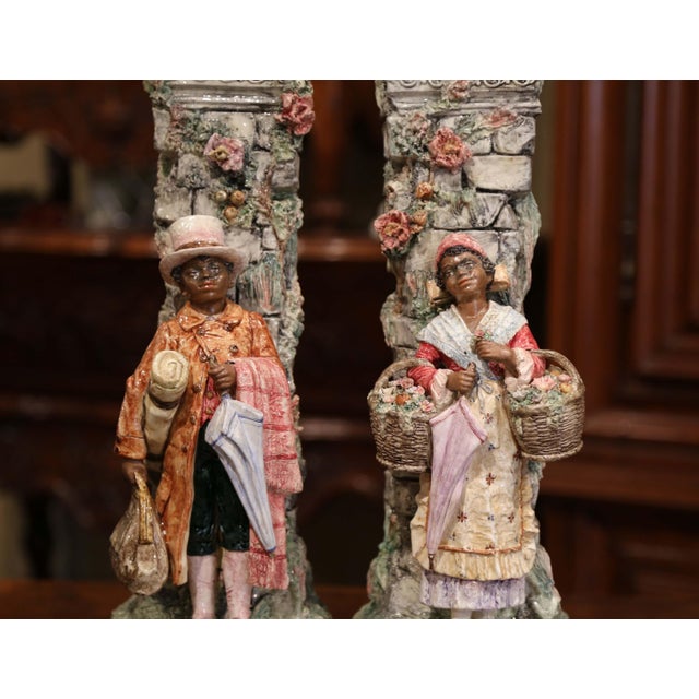French Pair of 19th Century French Barbotine Figural Majolica Vases For Sale - Image 3 of 12
