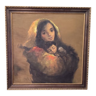 Original Oil Painting on Canvas “ Mother and Boy “ by Salvador Cabrera (1929-1986) Circa 1970 For Sale