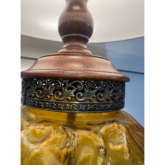 Pair Mid Century Modern Amber Articulated Brass and Wood Table Lamp For Sale - Image 6 of 12
