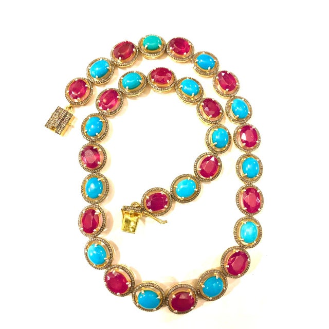 English Bochic "Capri" Vintage Ruby, Turquoise & Diamond Necklace & Earrings Set 18K Gold For Sale - Image 3 of 18