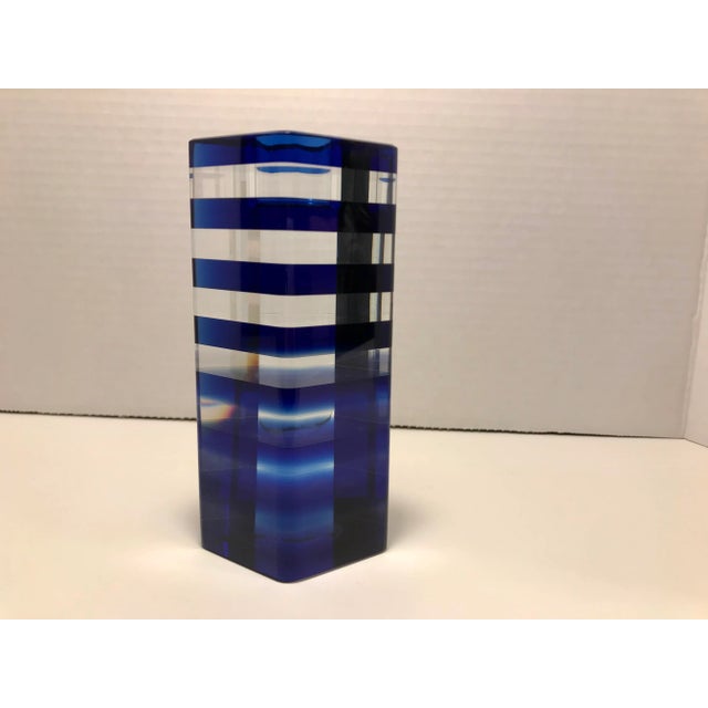 Modern Mid-Century Cobalt Blue Stripes Hand Blown Art Glass Candle Holder For Sale - Image 3 of 9