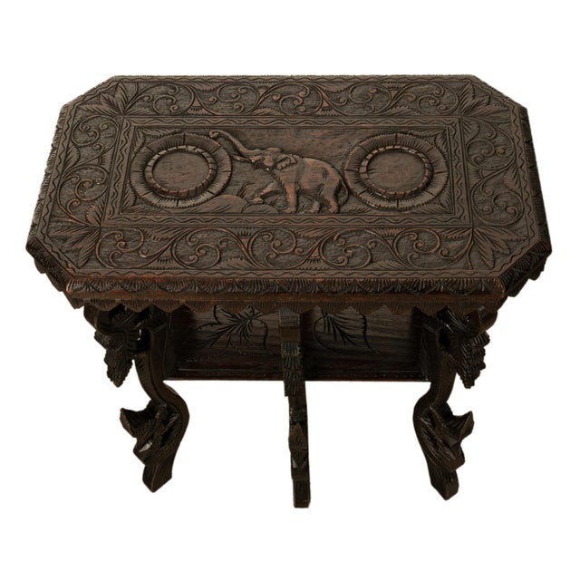 English Antique Carved Anglo Indian Teak Wood Elephant Twin Tier Lamp Side Table 1900 For Sale - Image 3 of 17