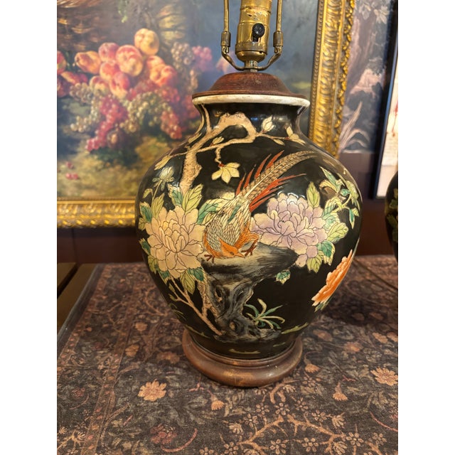Vintage Japanese Famille Noire Black Porcelain Table Lamps - Hand Painted - a Pair For Sale - Image 4 of 9