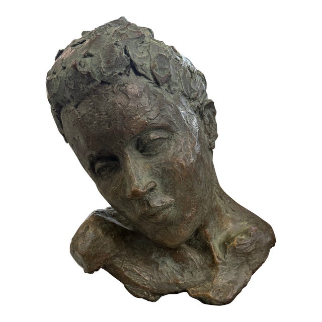 Vintage Art Sculpture Plaster Bust of Woman Textured on Base Signed For Sale