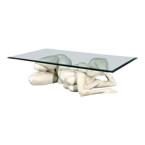 Carved Marble Figure of a Nude Woman Coffee Table Glass Top
