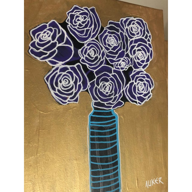 Contemporary Original Painting on Canvas by CL Auker “Purple Roses on Gold” For Sale - Image 3 of 5