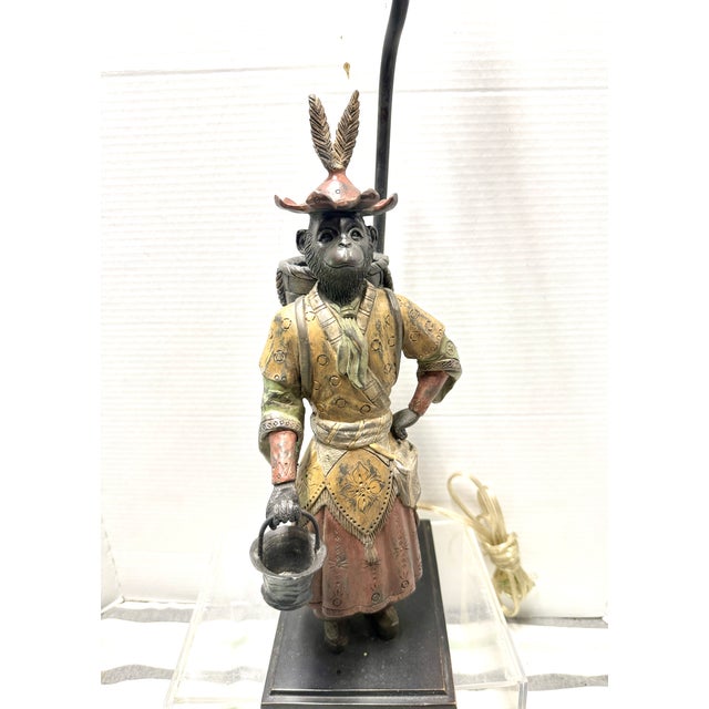 Mid 20th century Chinoiserie Monkey Figural Table Lamp with Shade. Heavy Cast Bronze Material. 23.5" to socket top. 31" to...